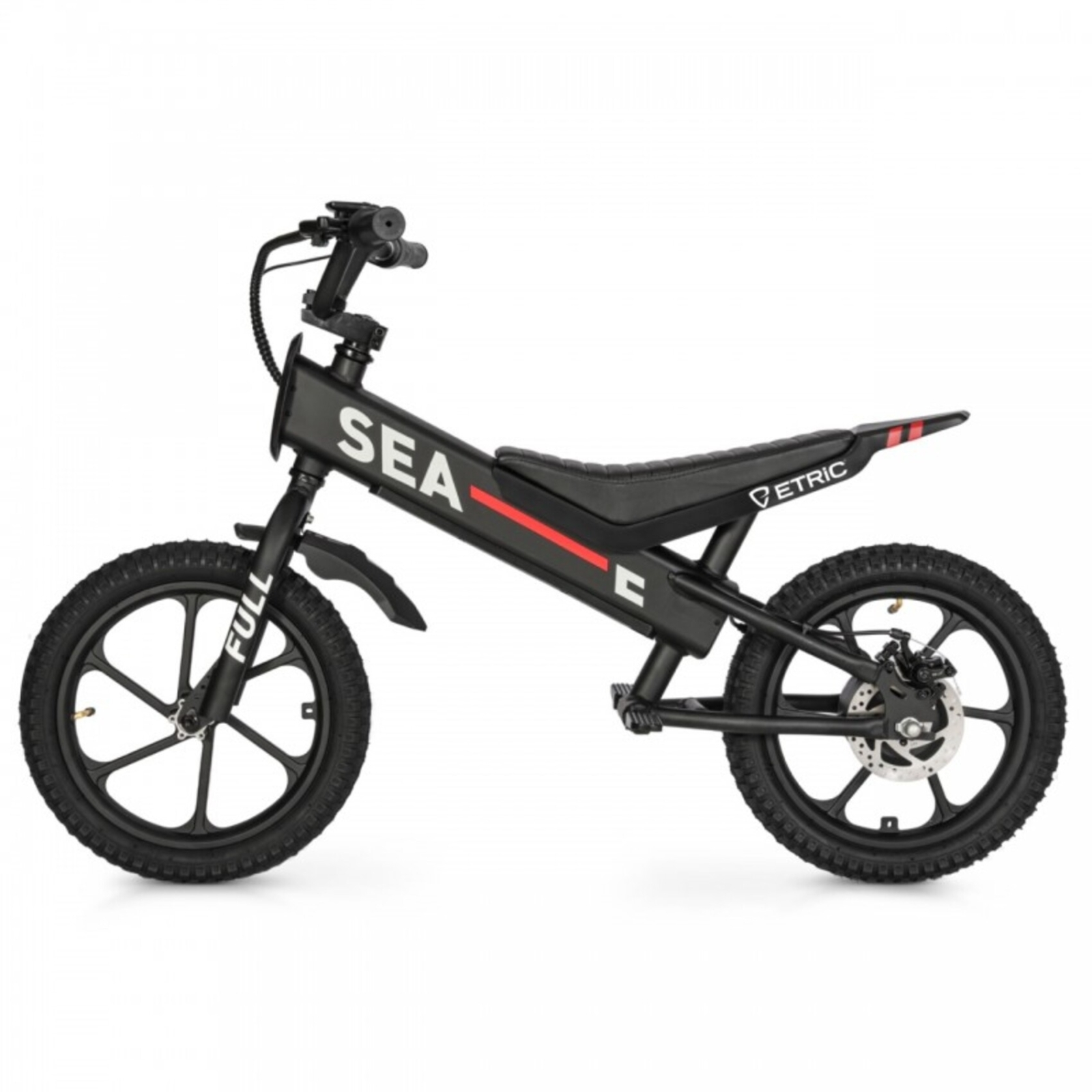 Una bicicleta eléctrica negra con detalles rojos y etiquetas como SEA y PETRIC.