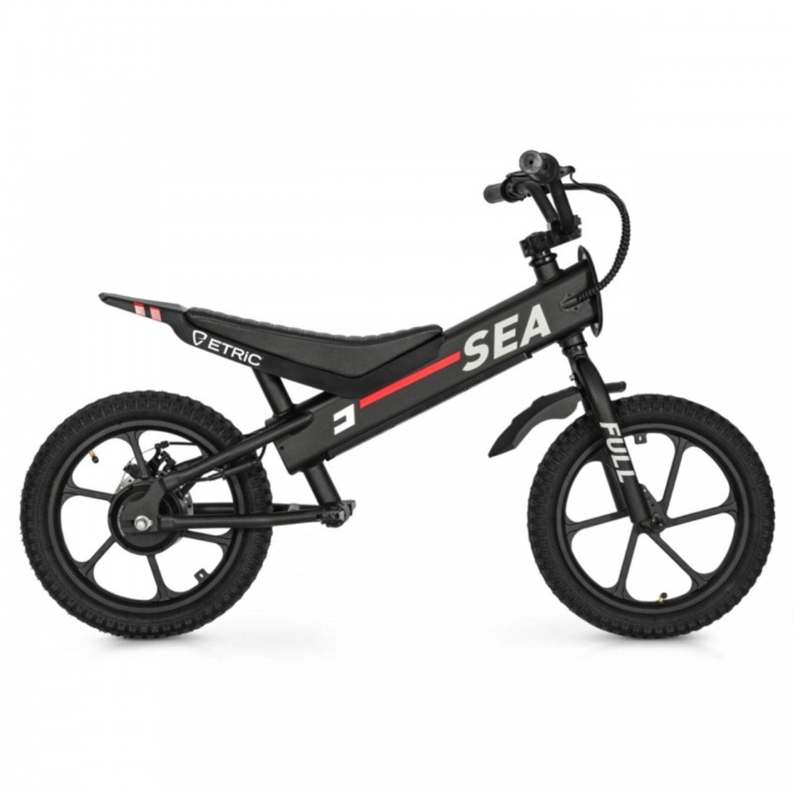 Una bicicleta eléctrica negra con detalles rojos y las letras "SEA" y "FULL".