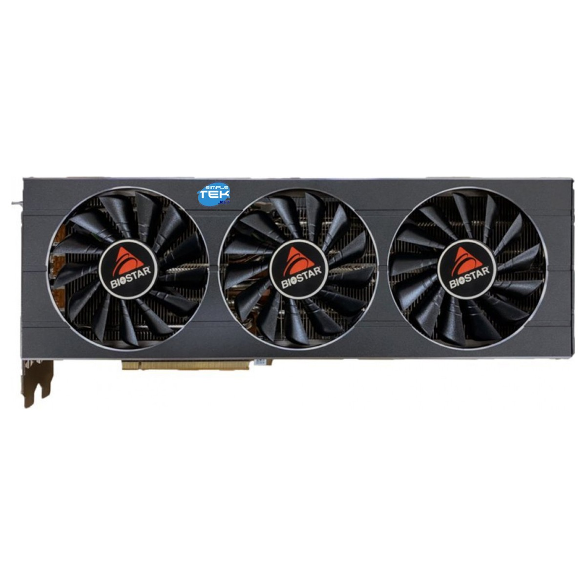 Czarna karta graficzna Biostar z trzema wentylatorami i czerwonymi logo Biostar.