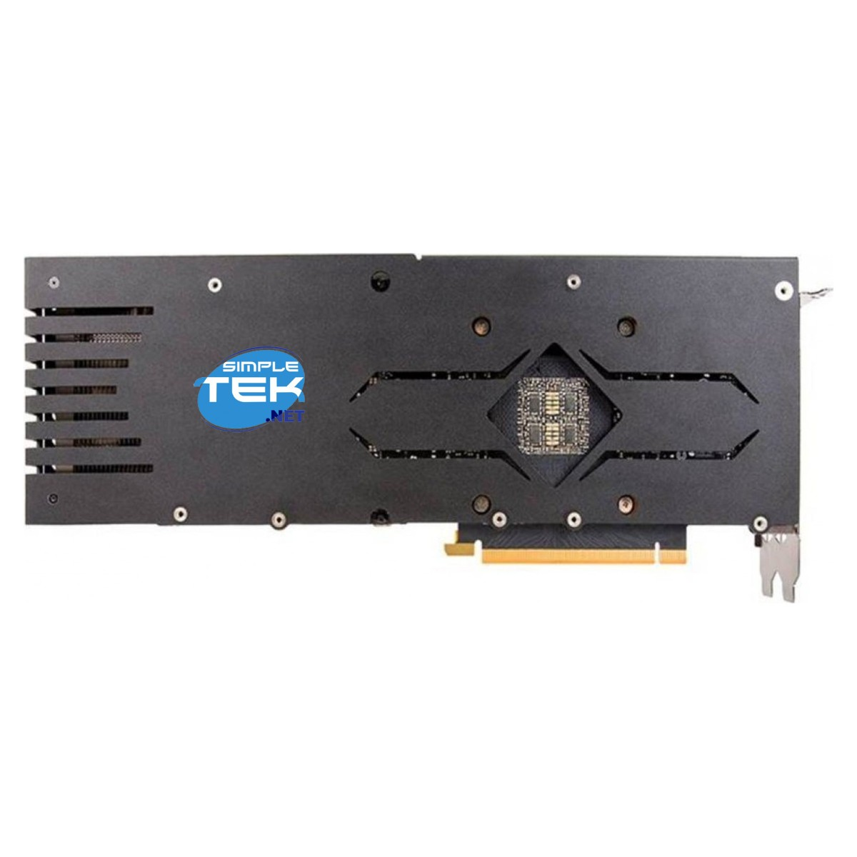 Tył czarnej karty graficznej z srebrnym radiatorem i niebieskim logo.