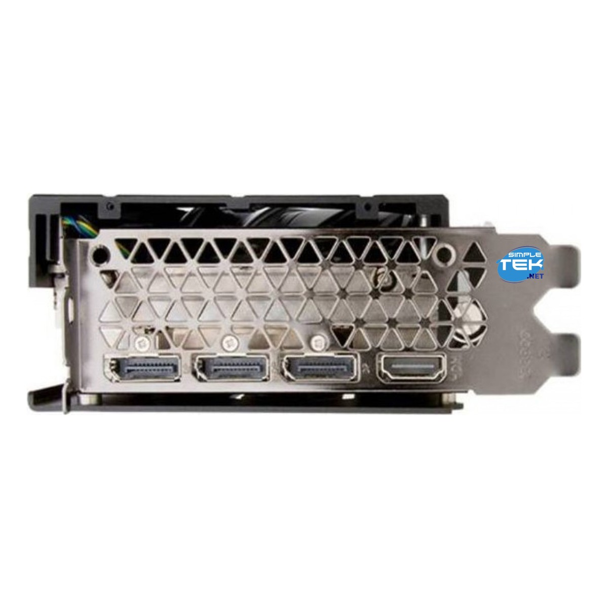 Karta graficzna z wentylatorem, porty: 3x DisplayPort, 1x HDMI. Metalowa obudowa.