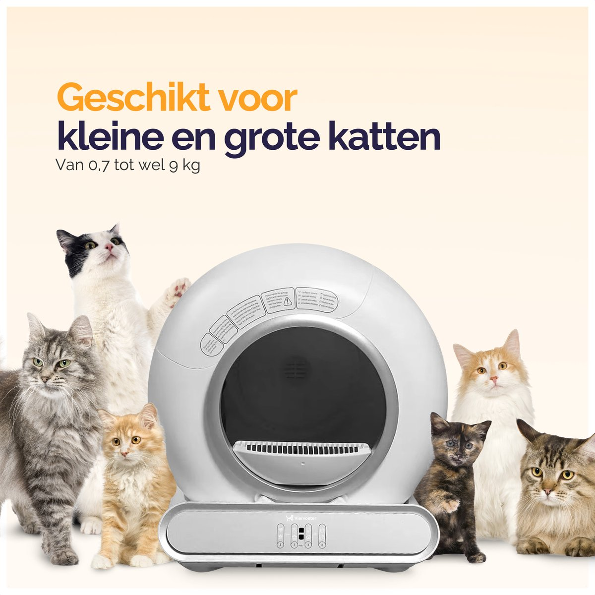 A white automatic litter box with six cats of various sizes in front.
