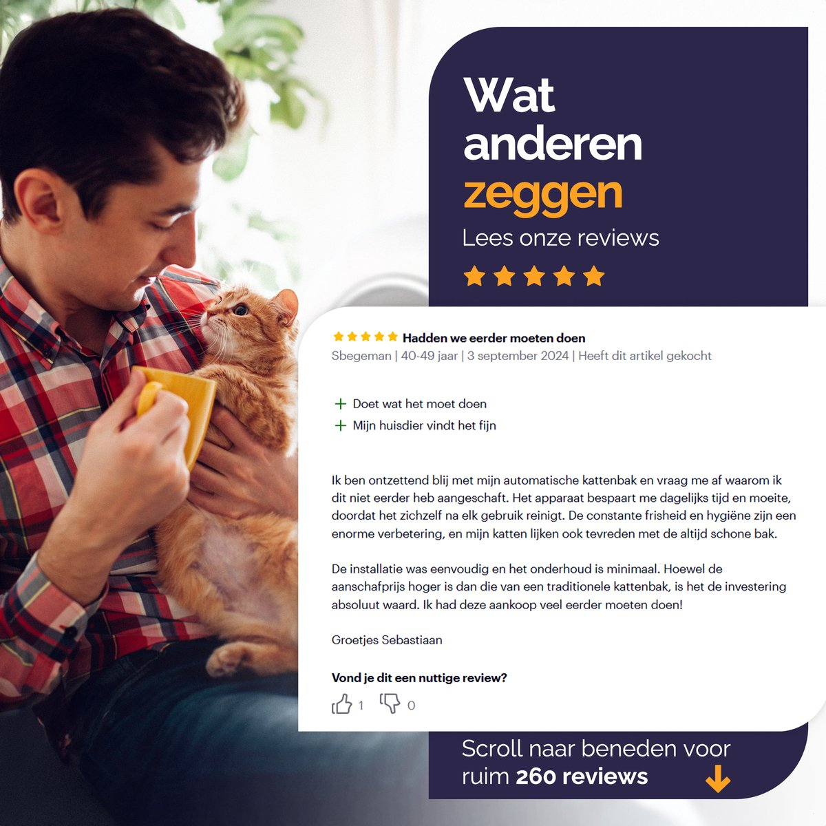 Man holds cat, drinks from yellow mug. Text about cat litter box review.