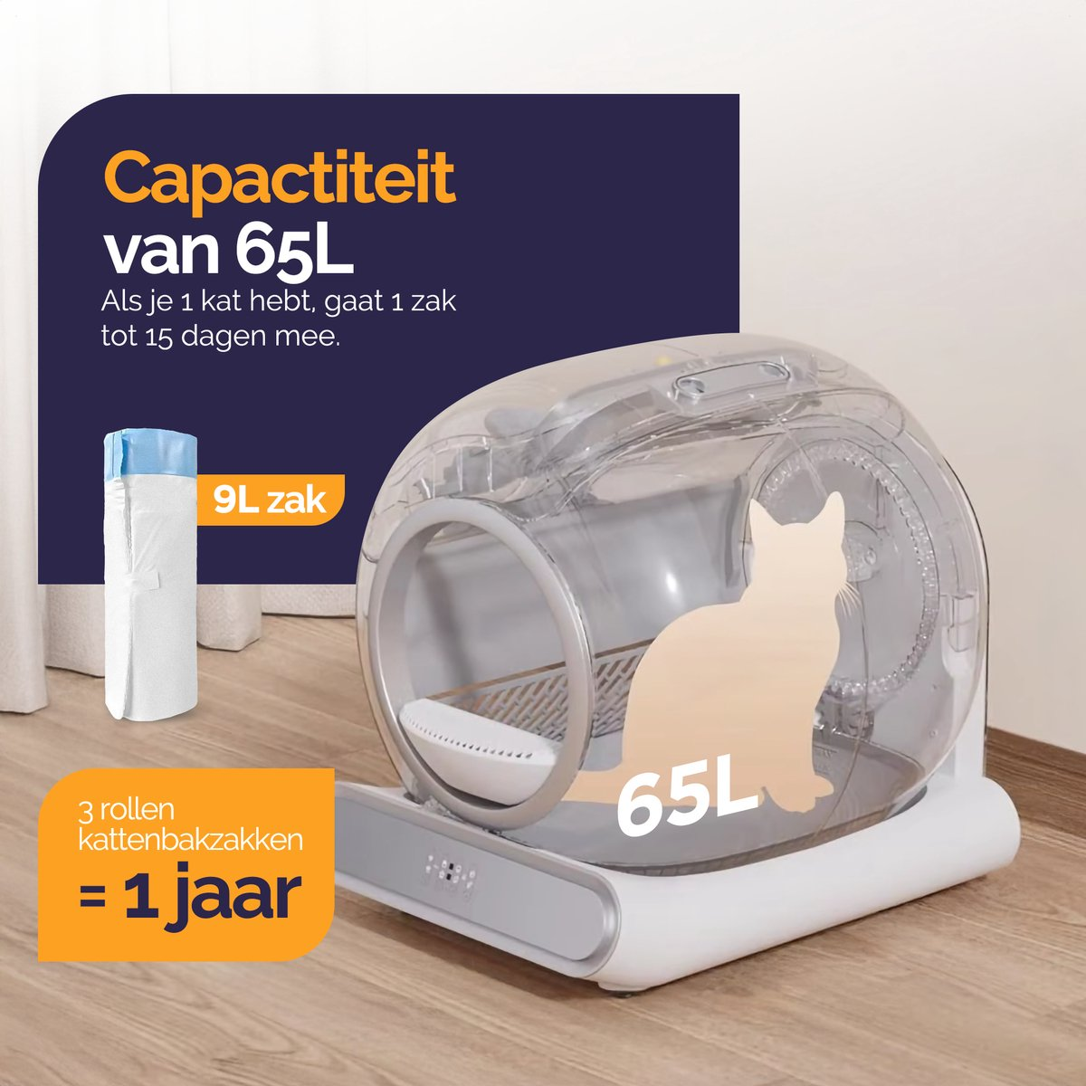 A 65L capacity automatic cat litter box with a 9L bag.