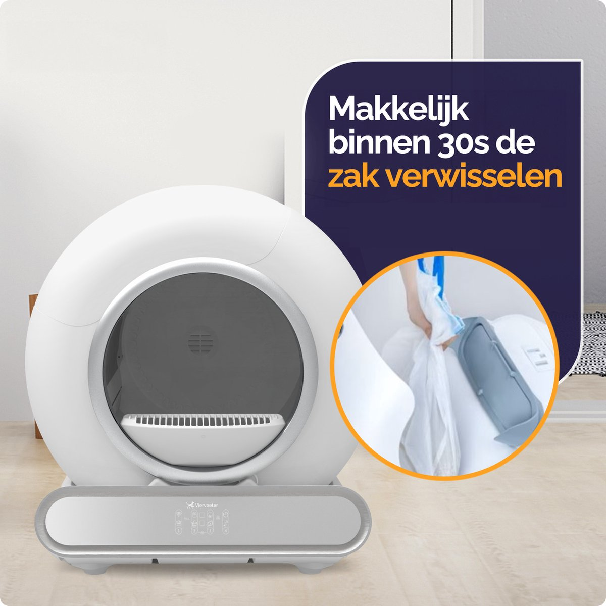 A white automatic litter box with an insert showing a bag change.
