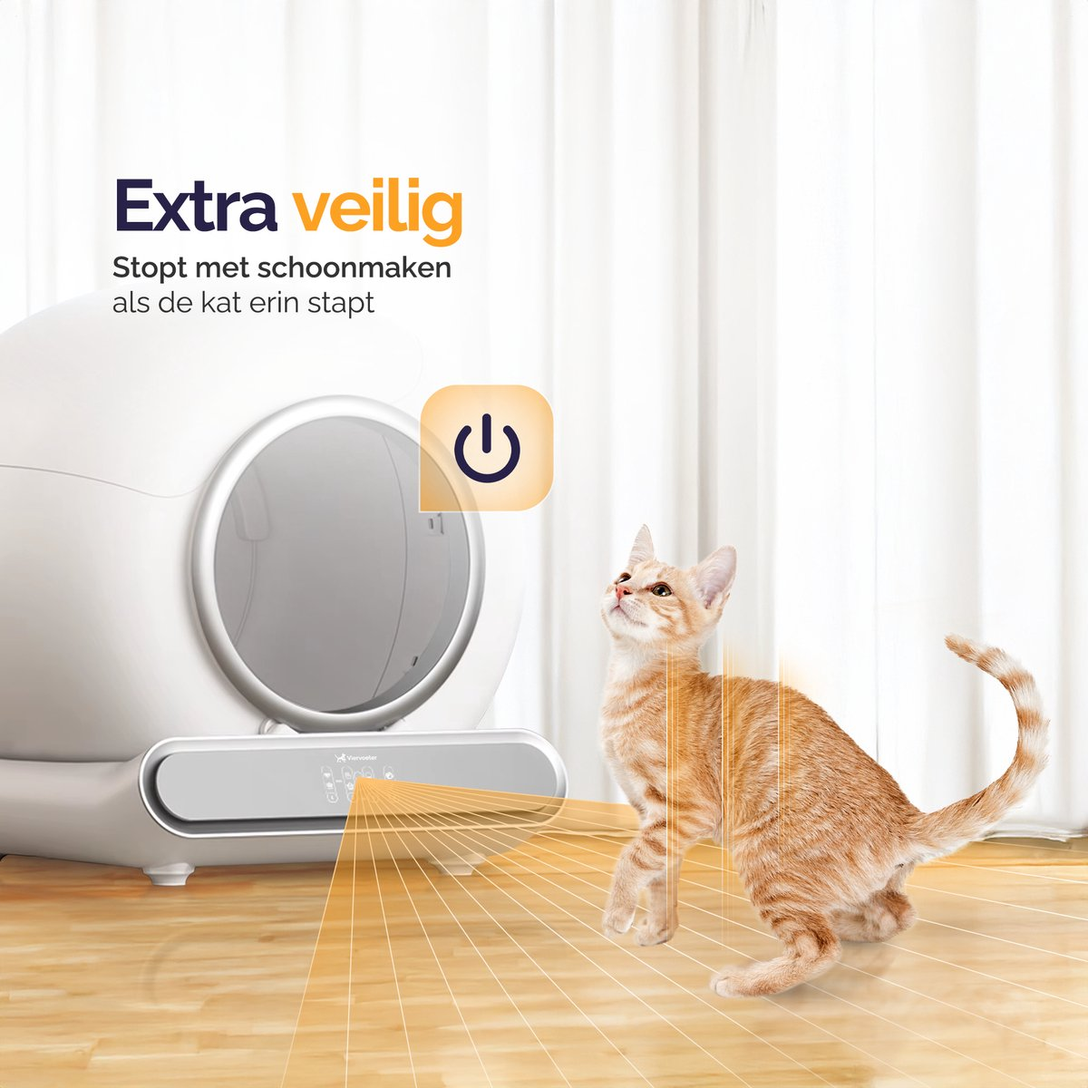 An orange tabby kitten stands next to a white automatic litter box with a power symbol.