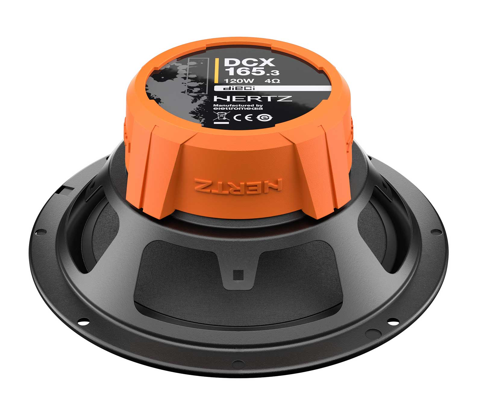Ein Hertz DCX 165.3 Subwoofer mit schwarzem Korb und orangefarbener Abdeckung.