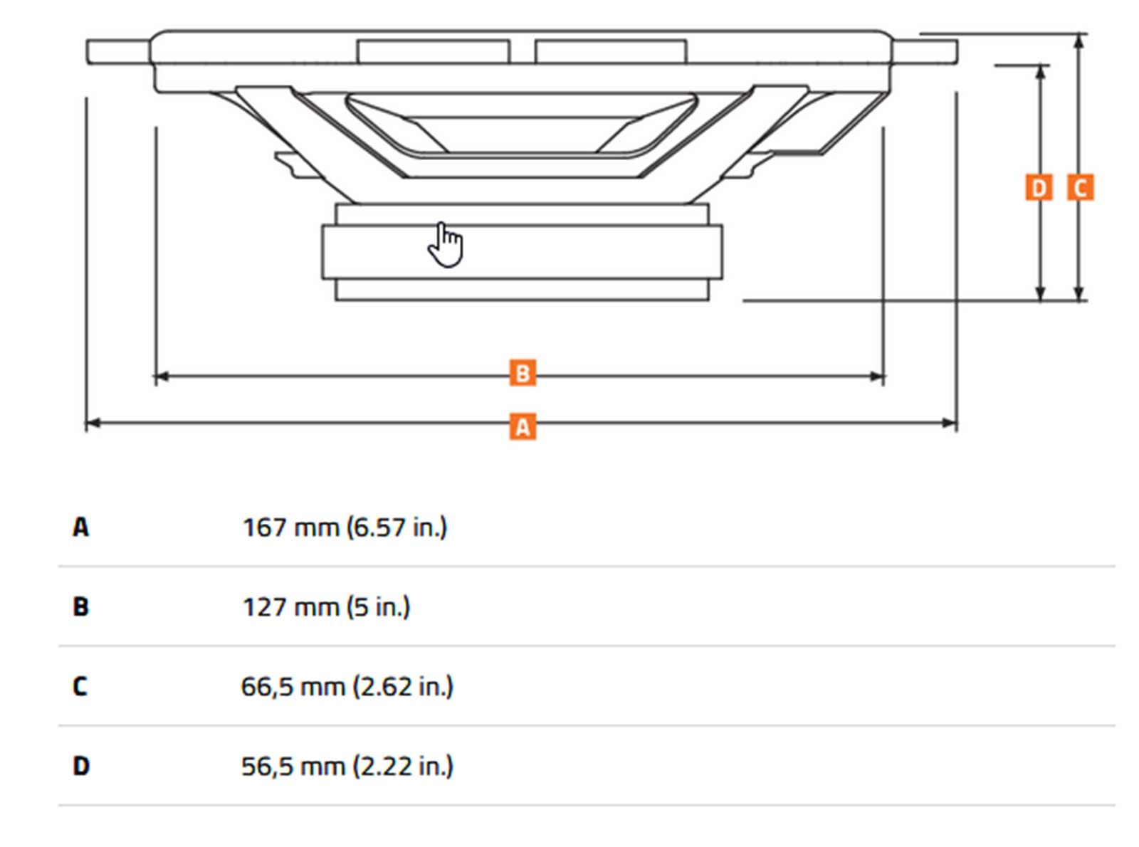Technische Zeichnung eines Lautsprechers mit Maßen A, B, C, D.