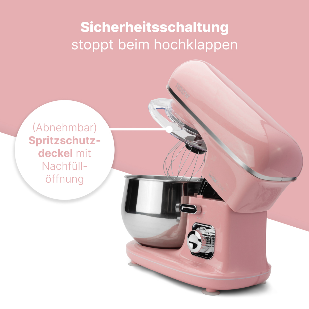 Różowy mikser stojący z podniesionym ramieniem i trzepaczką.