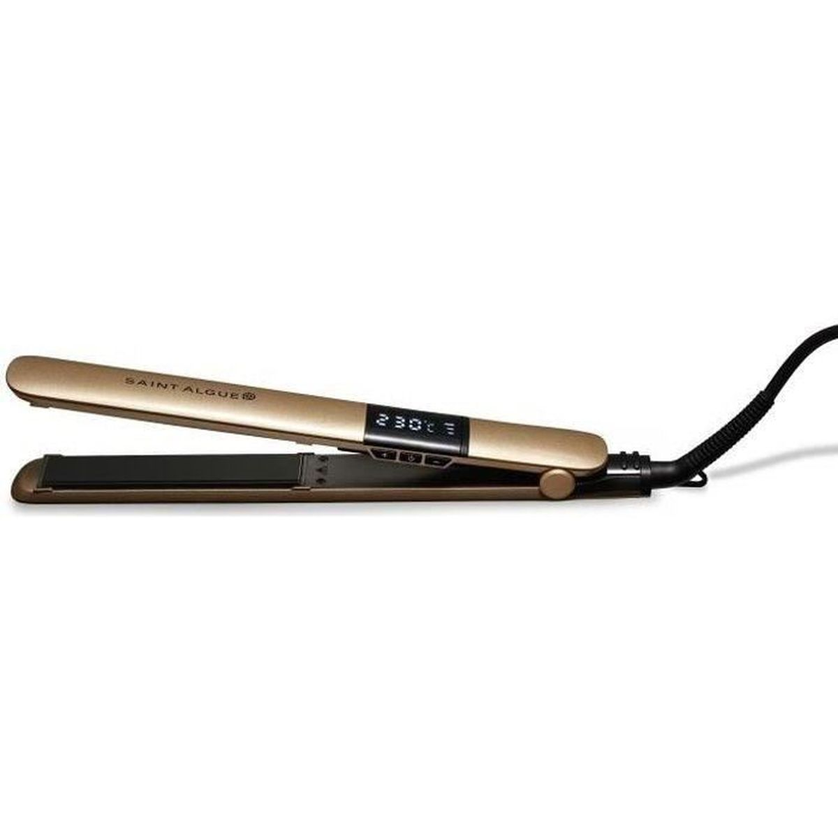 Ein goldener Haarglätter mit digitaler Anzeige von 230 Grad.