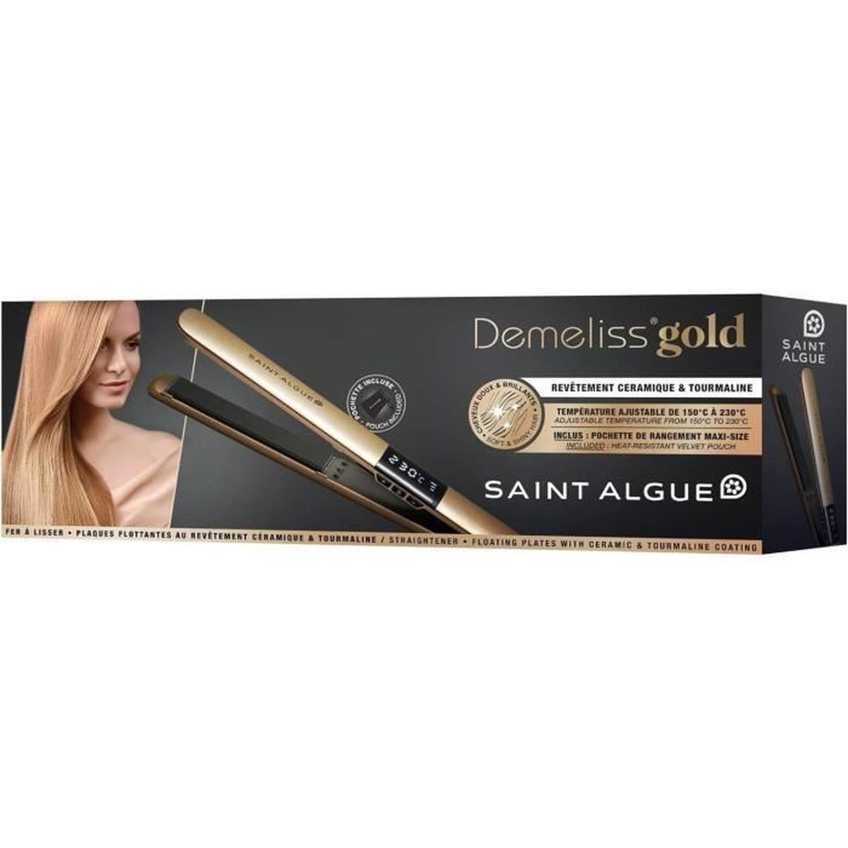 Ein goldener Haarglätter mit rosa Haar einer Frau auf der Verpackung.