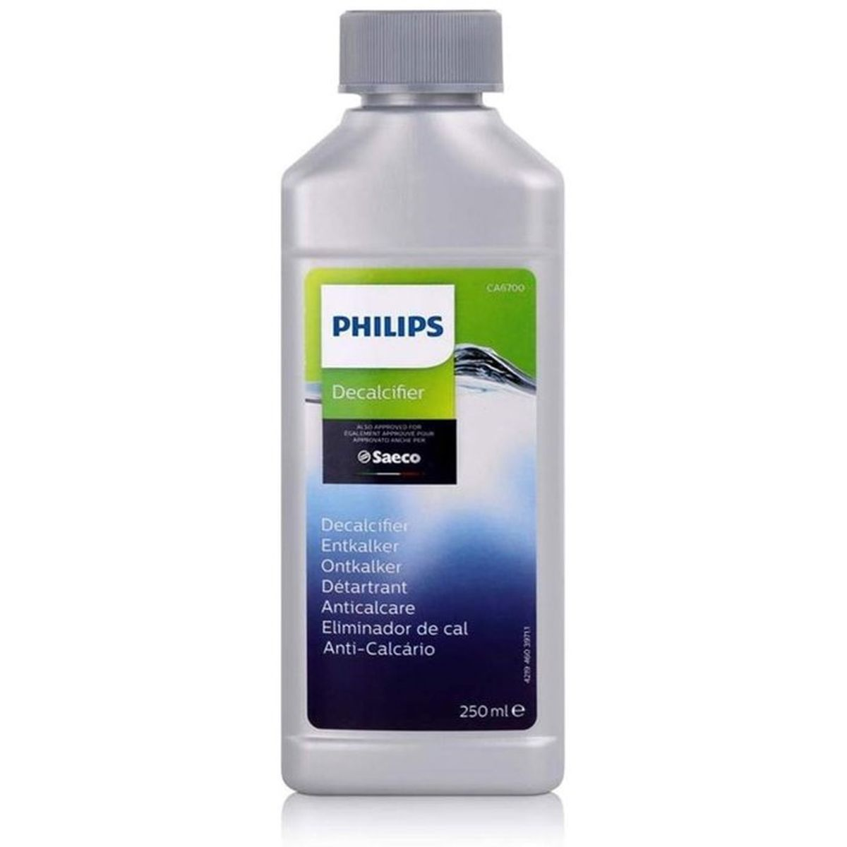 Eine Flasche Philips Entkalker mit Saeco-Logo, 250 ml.