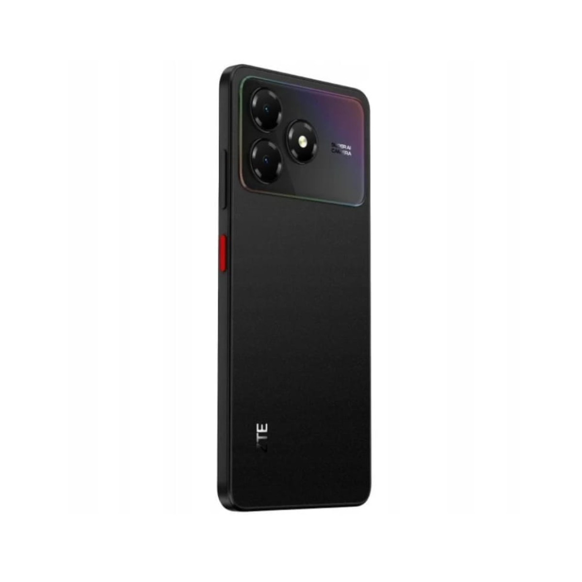 Schwarzes Smartphone mit dreifacher Kamera und rotem Akzentknopf auf weißem Hintergrund.