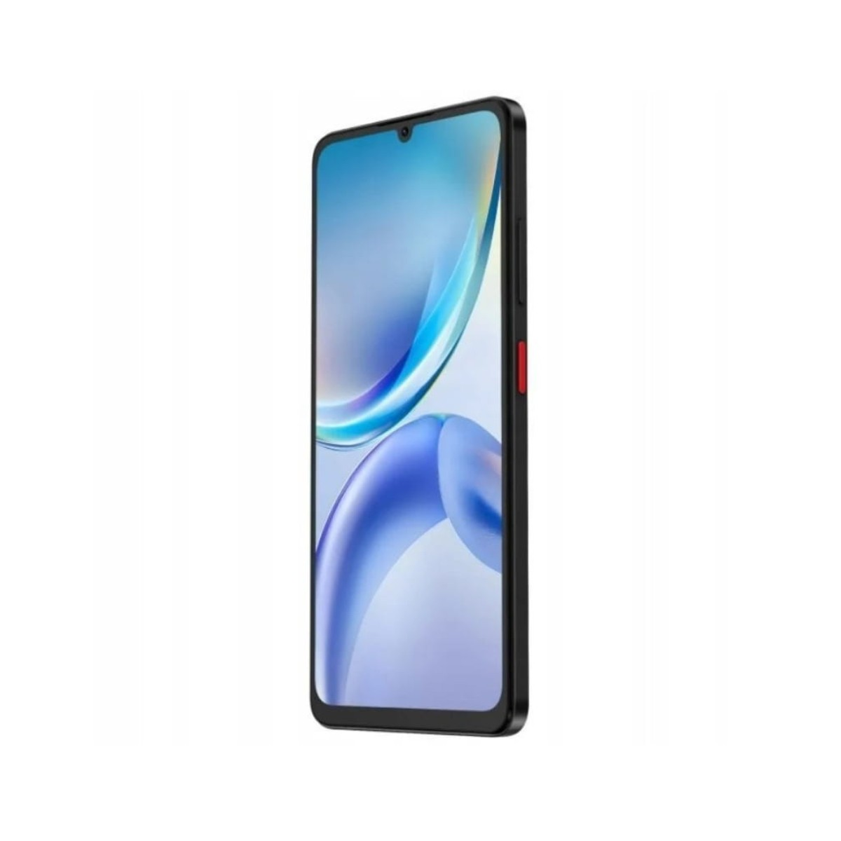 Ein schwarzes Smartphone mit einem blauen und weißen Hintergrundbild.