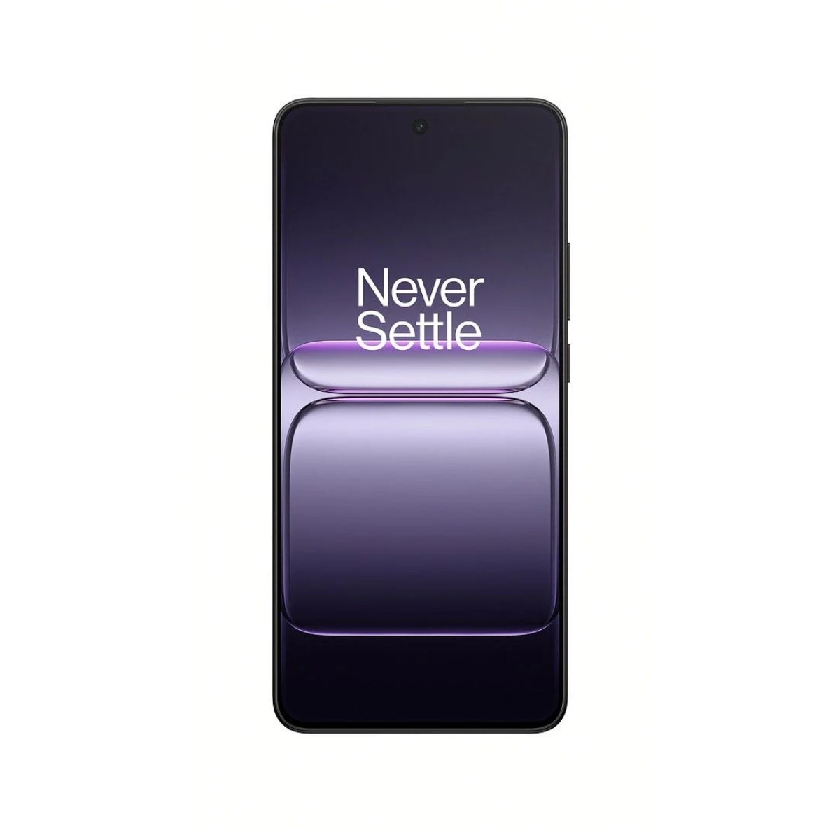 Ein Smartphone mit dem Text "Never Settle" auf dem Bildschirm.