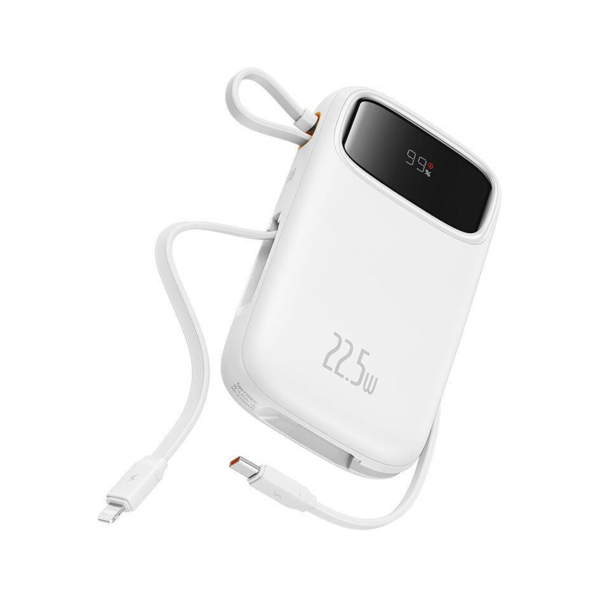 Batería externa blanca con pantalla digital 99% y 22.5w. Incluye cables.