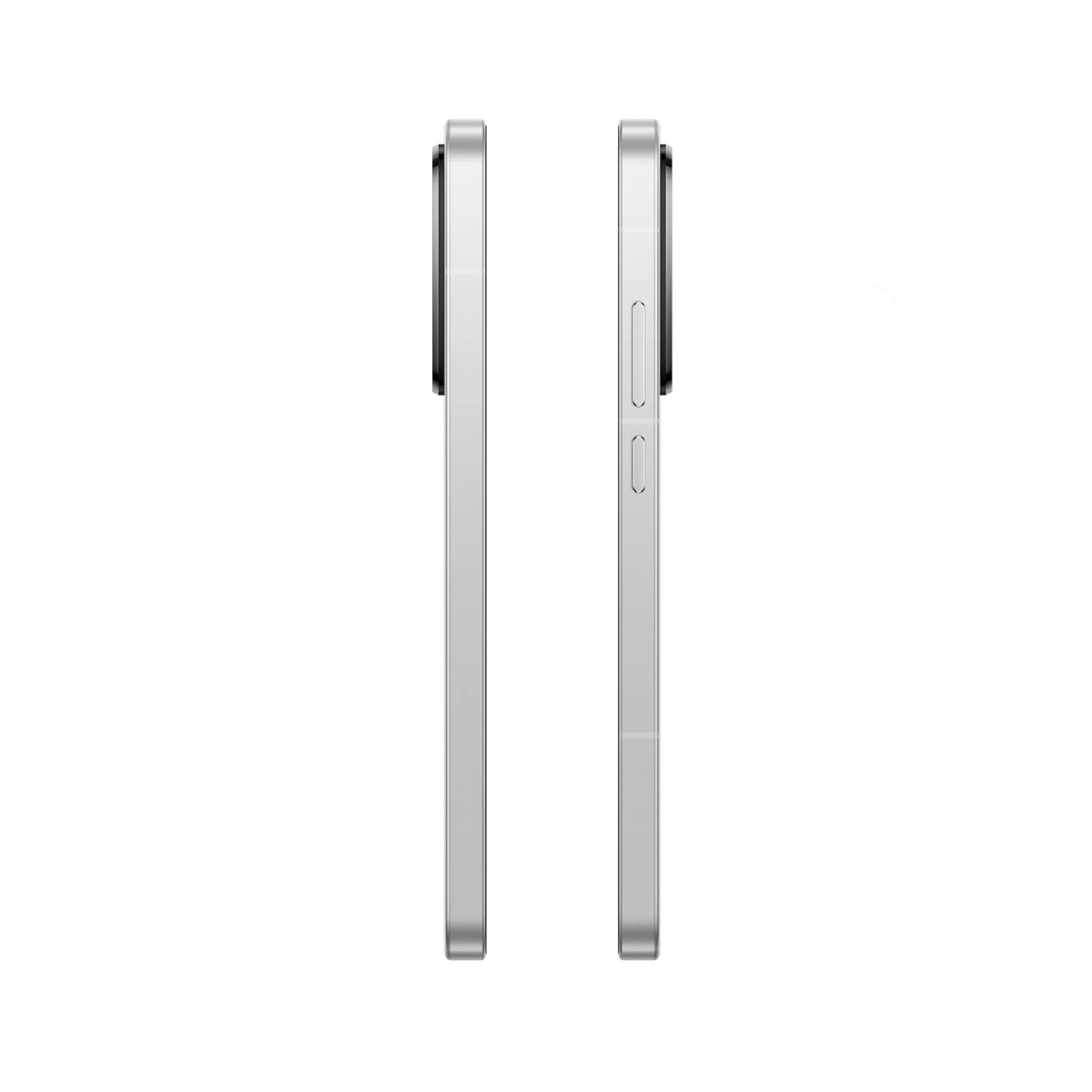 Dwa srebrne smartfony obok siebie na białym tle.