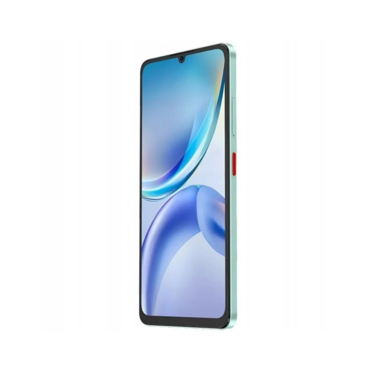 Jasnozielony smartfon z abstrakcyjnym niebiesko-białym tłem na ekranie.