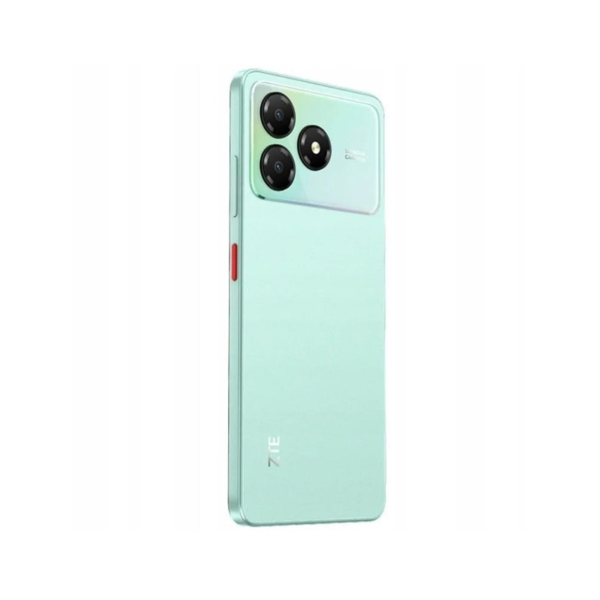 Turkusowy smartfon z trzema aparatami i czerwonym akcentem. Logo ZTE na dole.