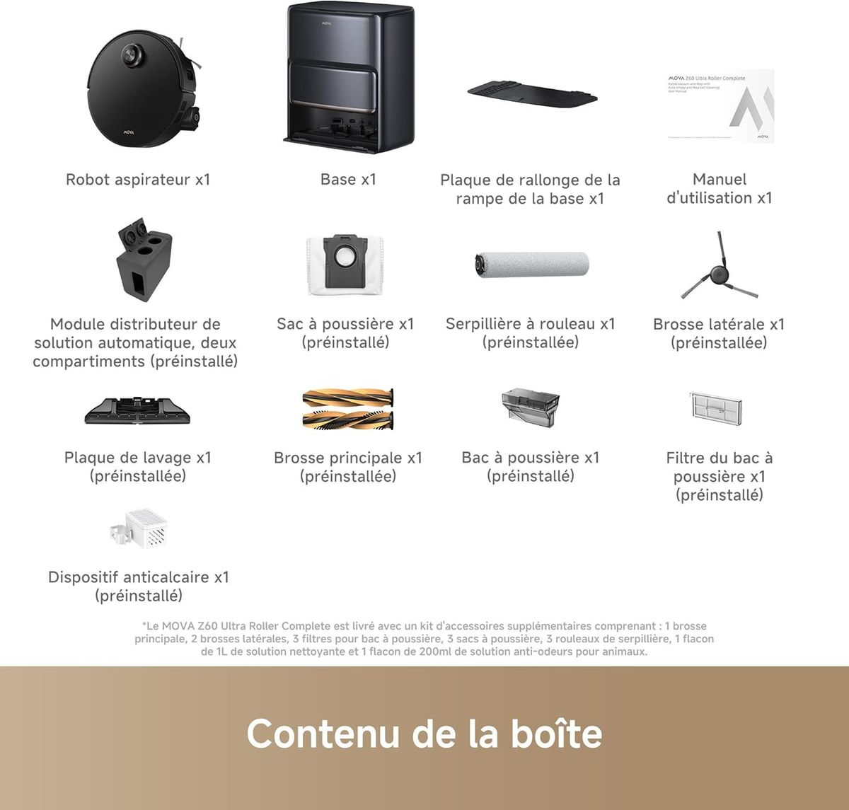 Resumen del contenido del robot aspirador: base, accesorios y manual.