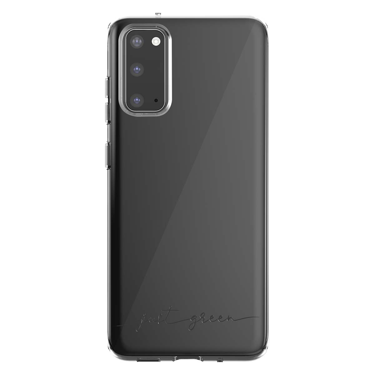 Custodia trasparente per telefono con ritaglio fotocamera e logo.