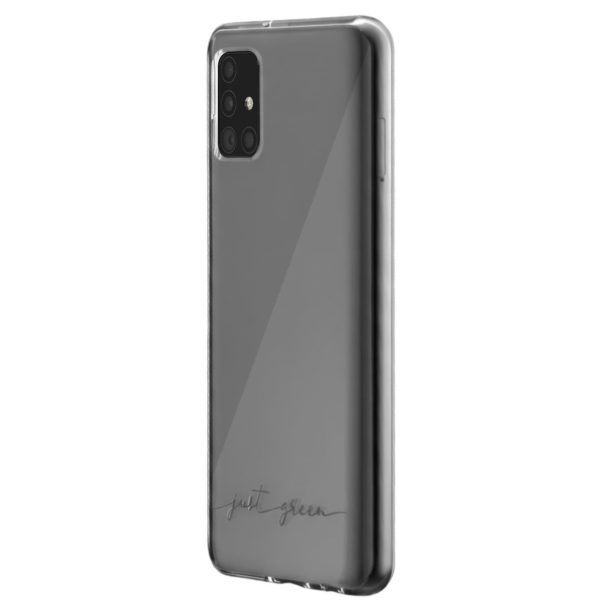 Custodia grigia per telefono con fotocamera quadrupla e testo 'just green'.