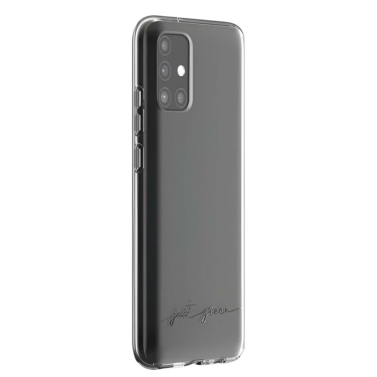 Custodia trasparente per telefono con quattro fotocamere posteriori e logo.