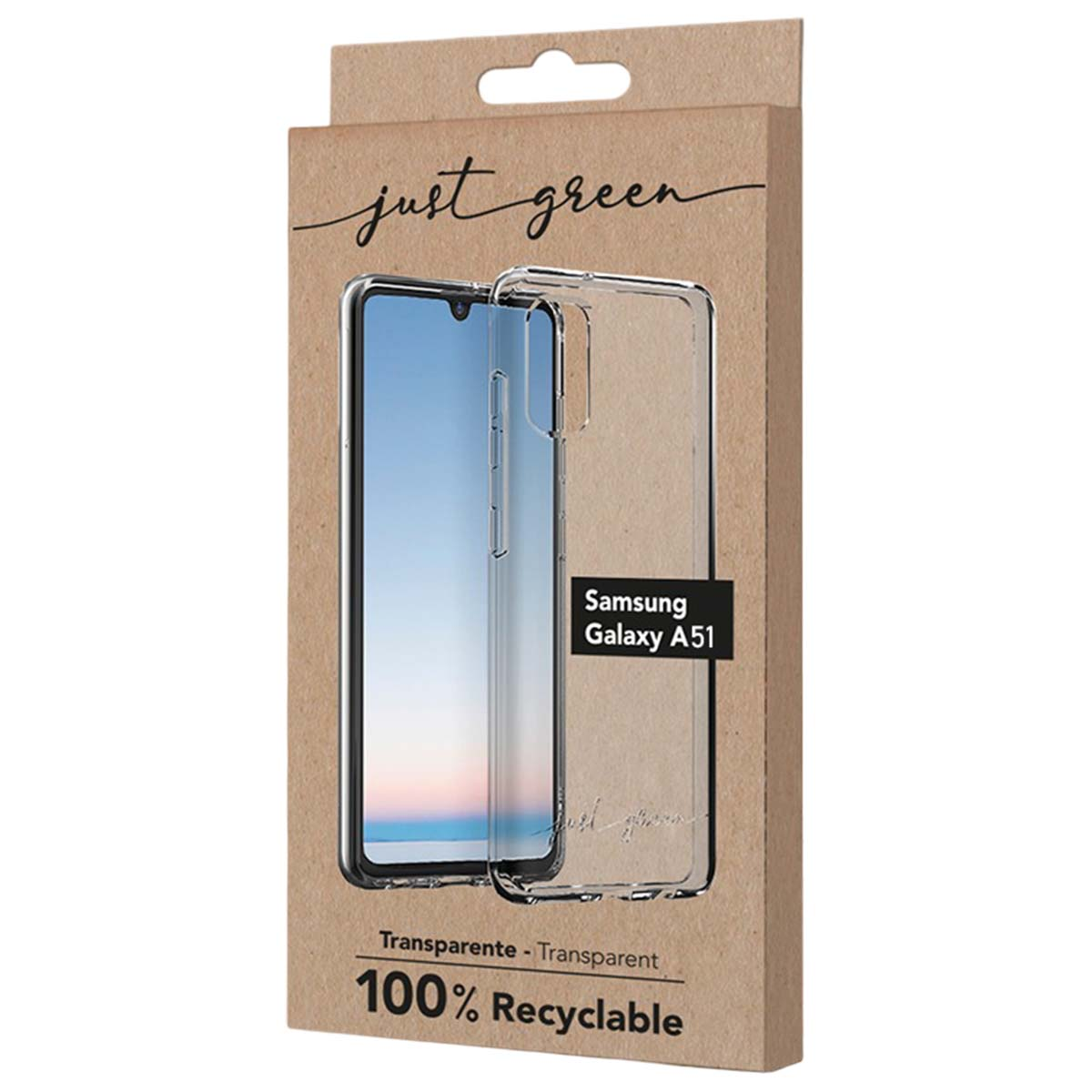 Confezione per cover telefono trasparente, 100% riciclabile.