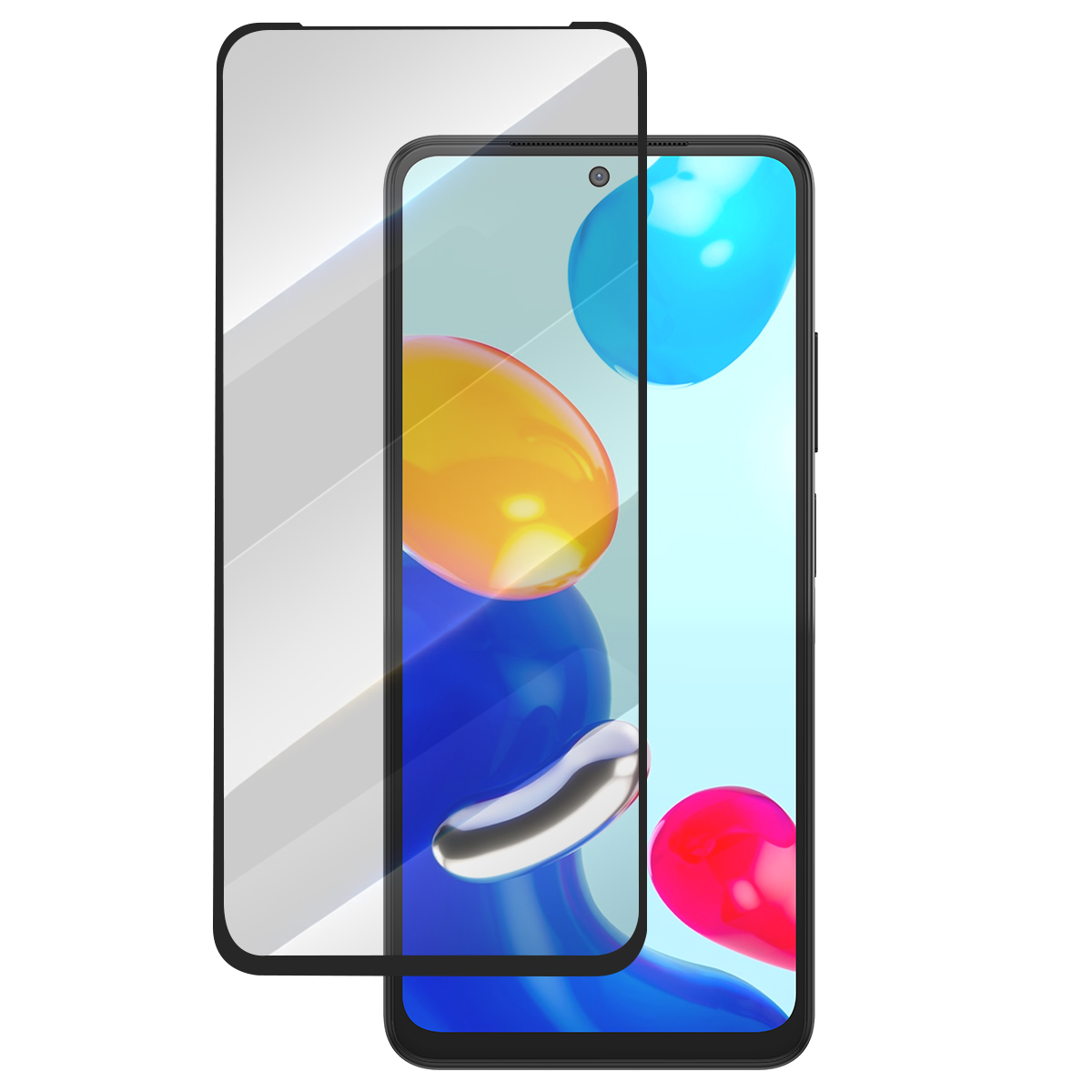 Uno smartphone con protezione schermo. Sfondo con bolle colorate.