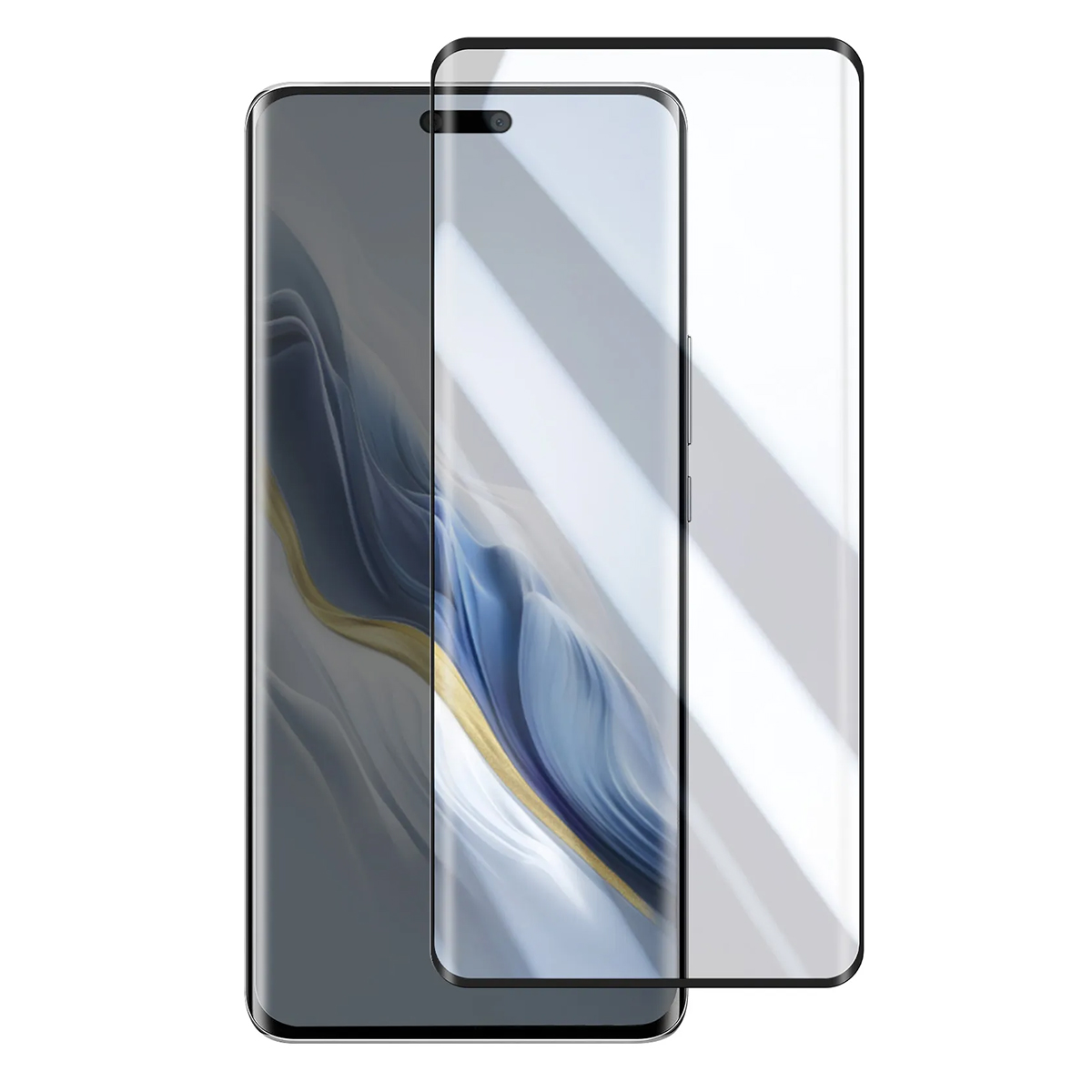 Een smartphone met schermprotector, op witte achtergrond.