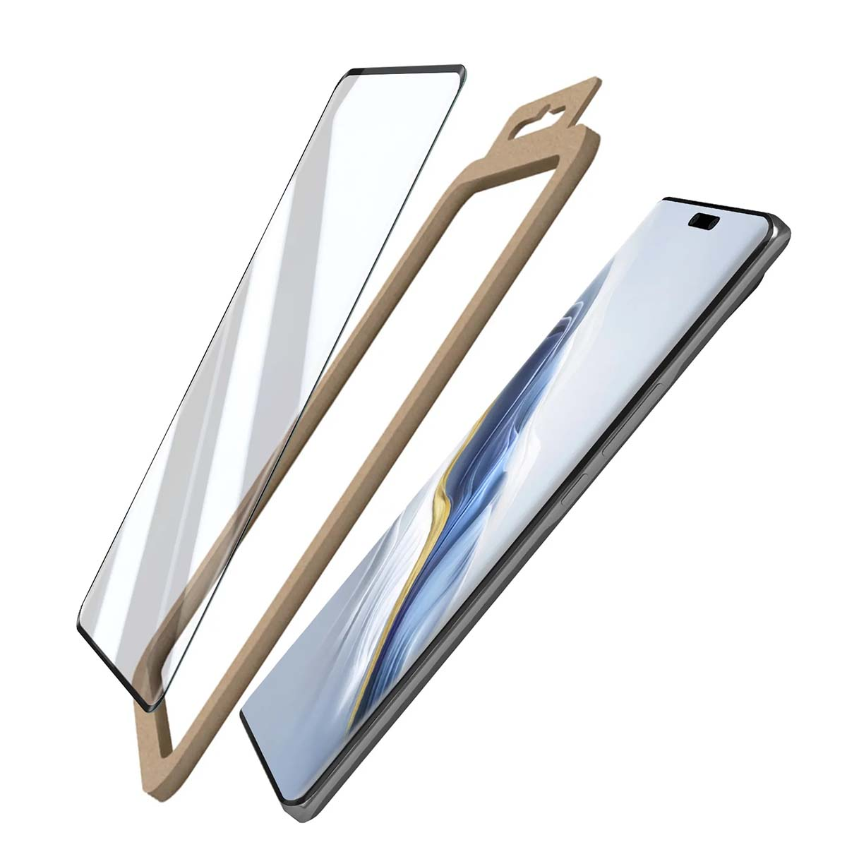 Een smartphone met een schermprotector en een kartonnen sjabloon.