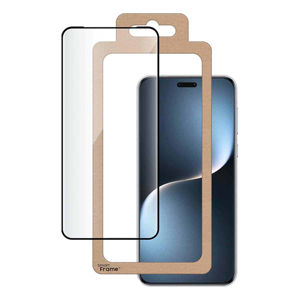 Een smartphone screenprotector en een uitlijningsframe op verpakking.