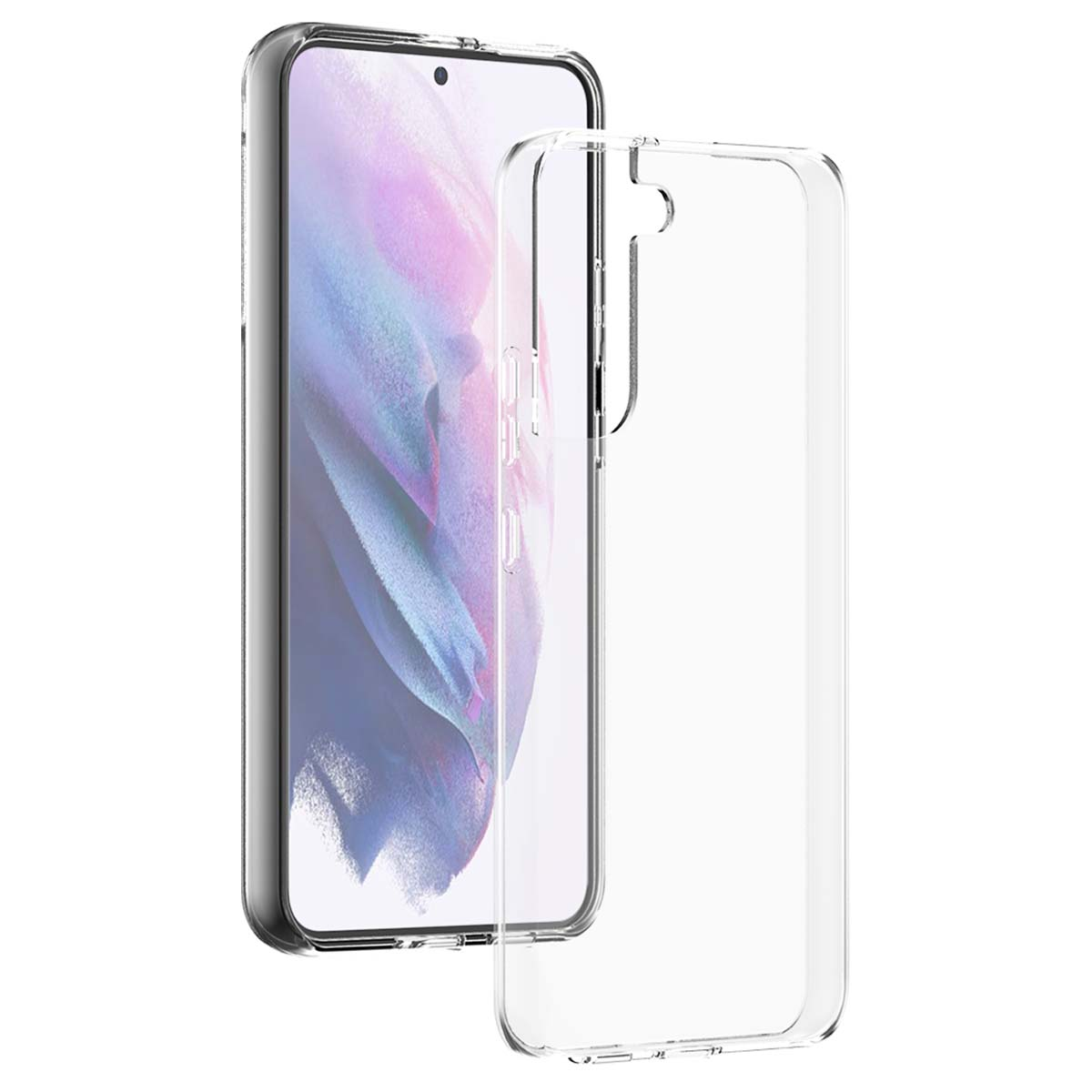 Una cover trasparente per telefono giace accanto a uno smartphone.