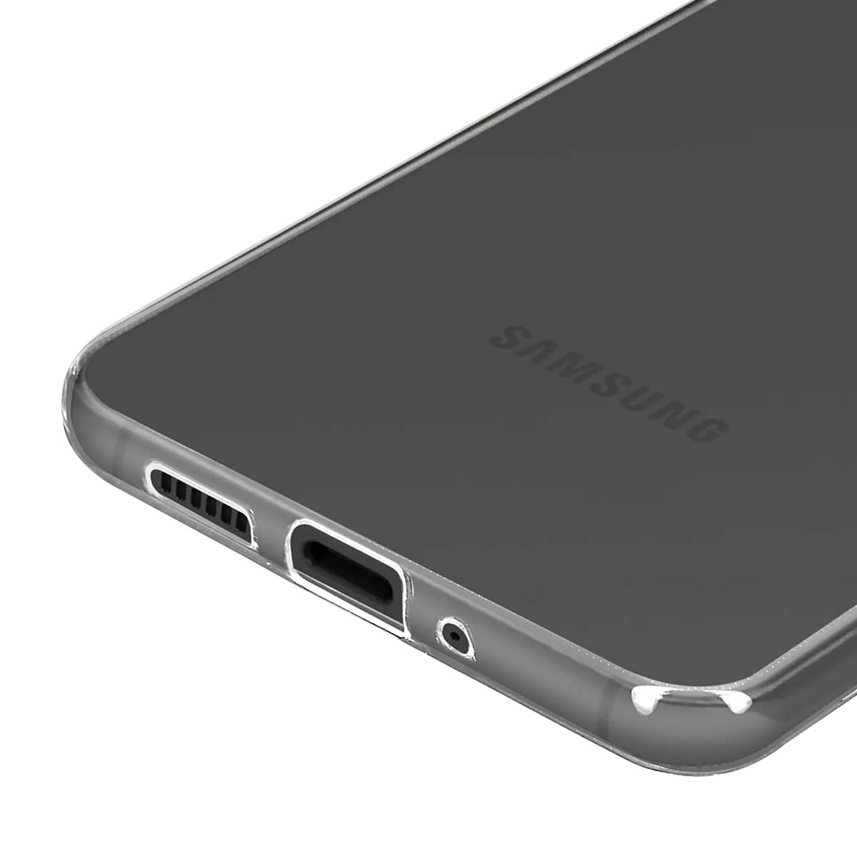 Custodia trasparente per telefono con logo Samsung, su sfondo bianco.