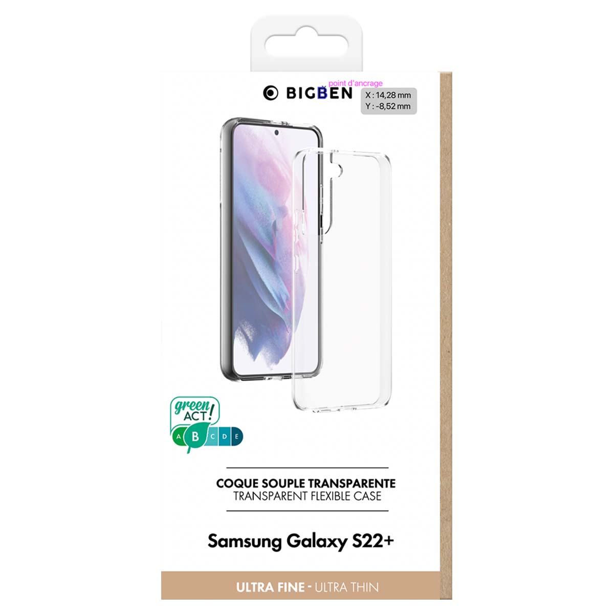 Custodia flessibile trasparente per Samsung Galaxy S22+ con logo Bigben e rating ACT!.