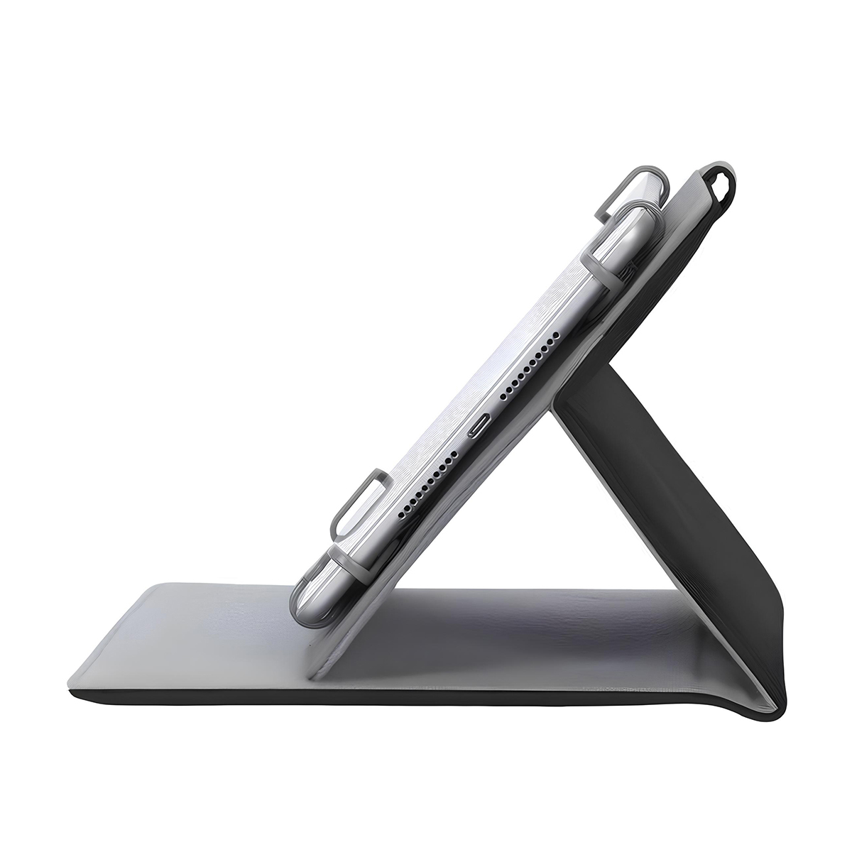 Un tablet in un supporto nero e grigio chiaro su sfondo bianco.