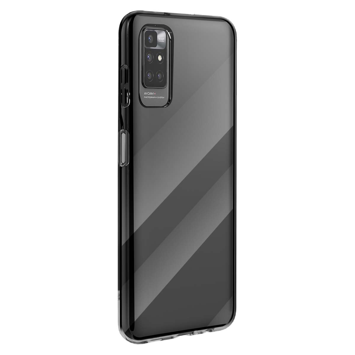 Cover trasparente per telefono con retro a righe scure e quad camera.