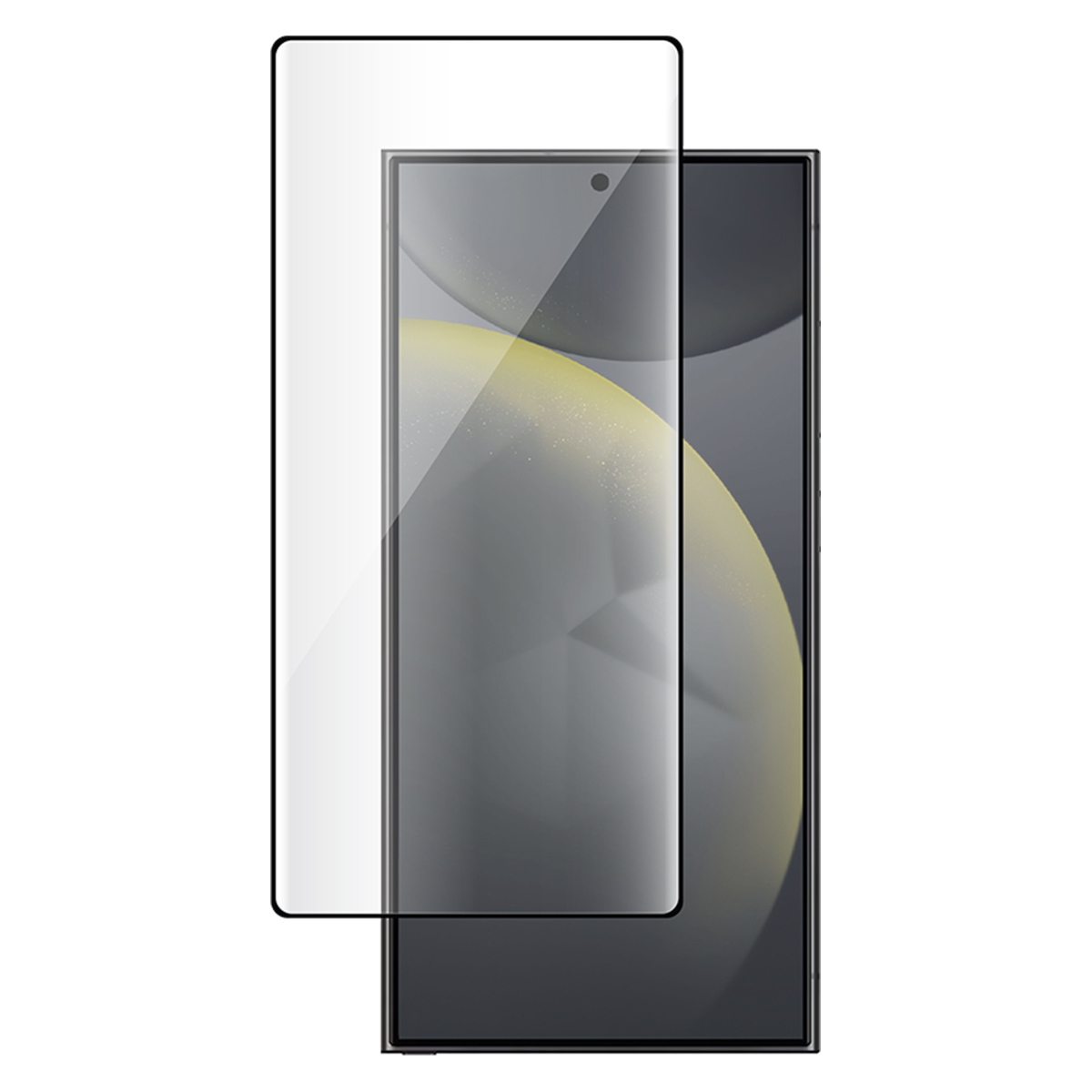 Een schermprotector ligt op een smartphone met een grijze achtergrond.