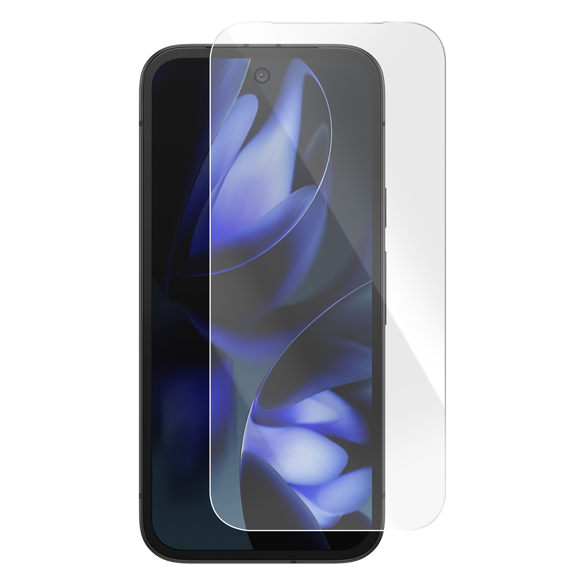 Een smartphone met een schermprotector die gedeeltelijk op het scherm is geplaatst.