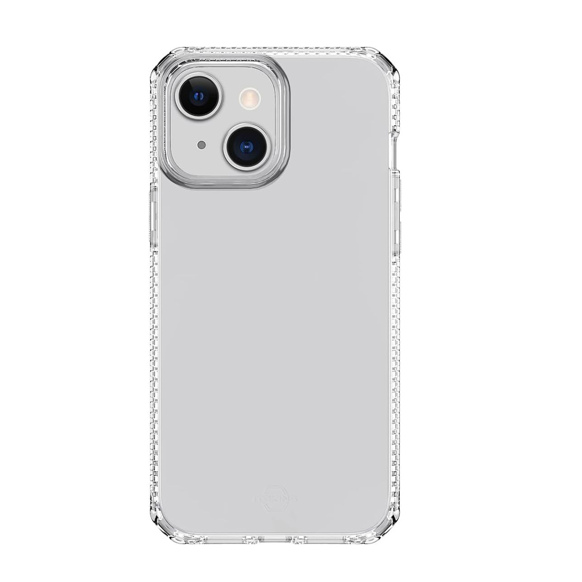Custodia trasparente per telefono con fotocamere visibili sul retro.