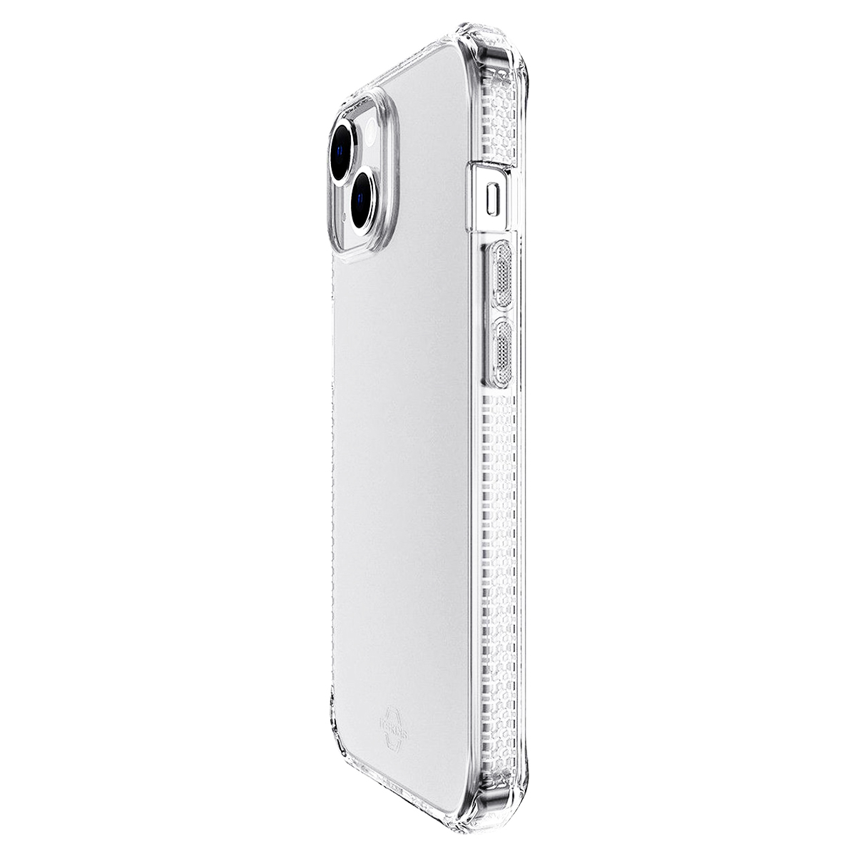 Custodia trasparente per telefono con protezione fotocamera e pulsanti laterali.