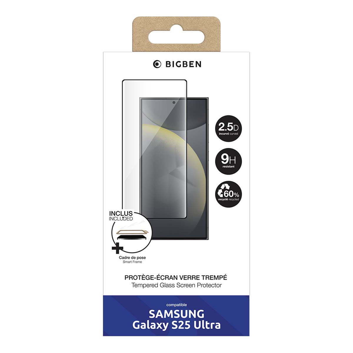 Verpakking voor een Samsung S25 Ultra screenprotector van gehard glas.