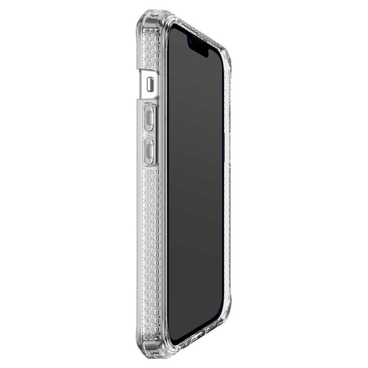 Una cover trasparente per telefono con un telefono di profilo su sfondo bianco.