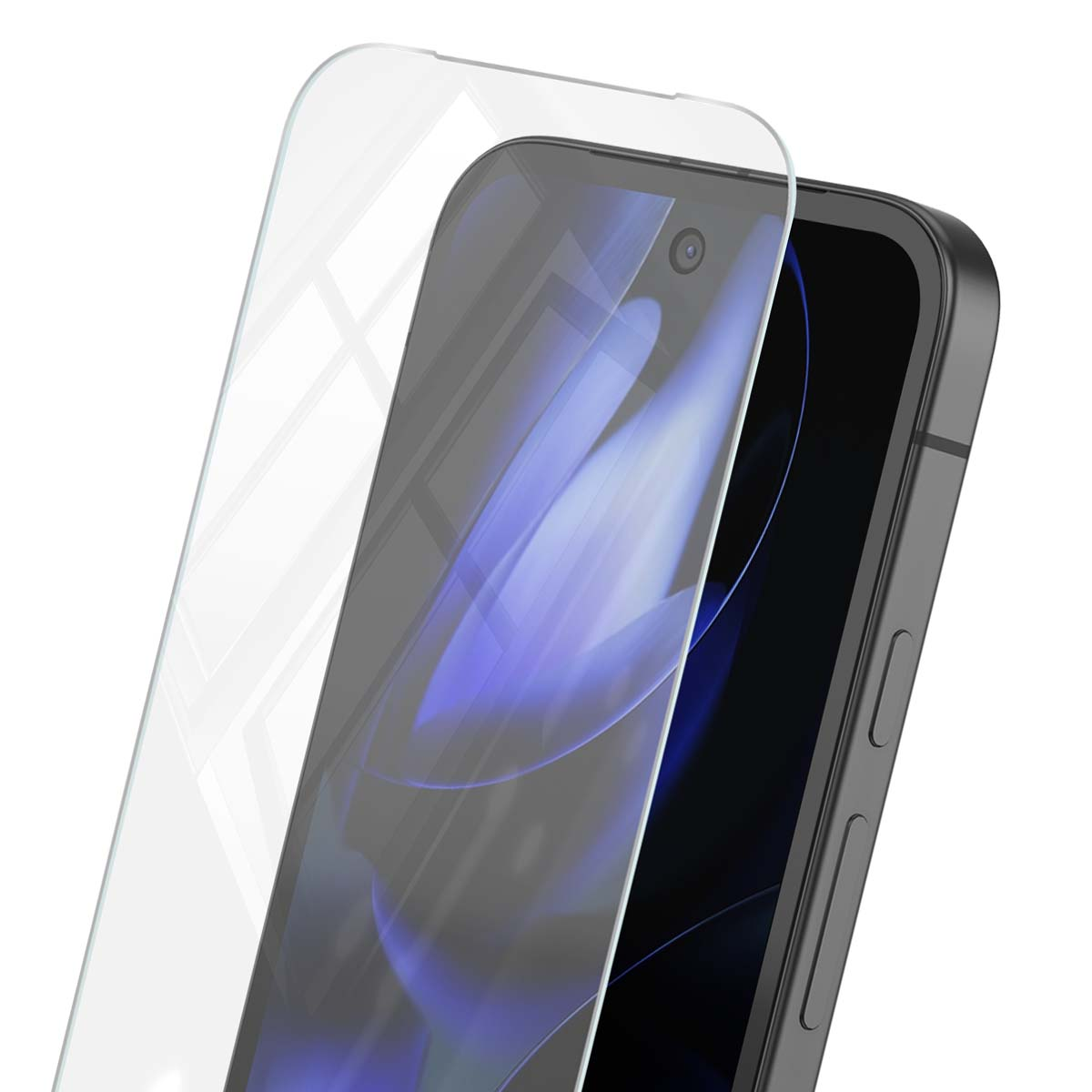 Een schermprotector wordt op een donkere smartphone geplaatst.