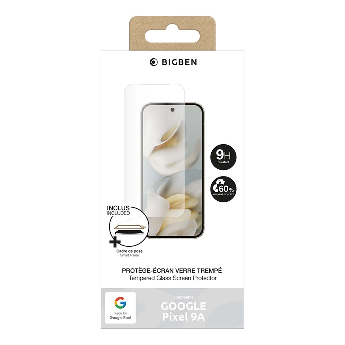 Verpakking voor Google Pixel 9A screenprotector van gehard glas, 9H hardheid.