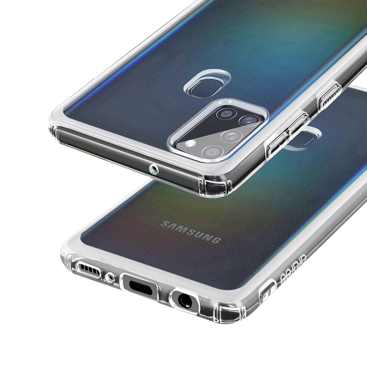 Funda transparente con reflejos de colores sobre dos teléfonos Samsung.