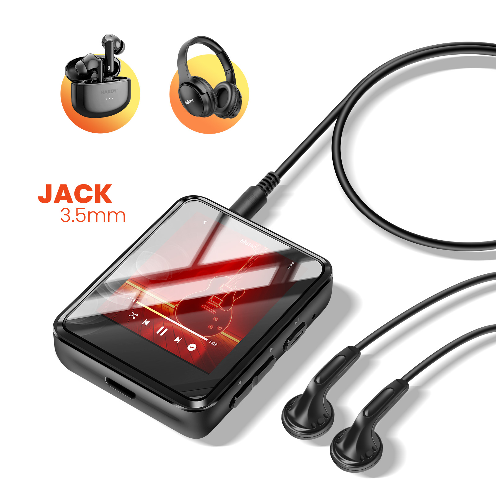 Lettore musicale nero con cuffie e jack da 3,5 mm.