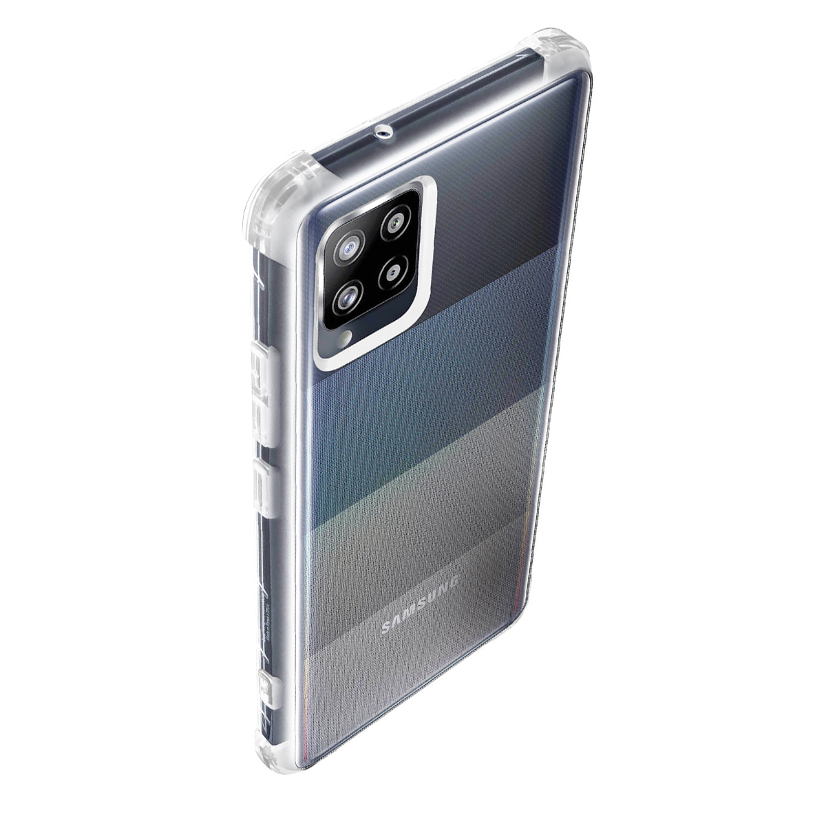 Retro di una custodia trasparente per Samsung con quattro fotocamere e motivo a strisce.