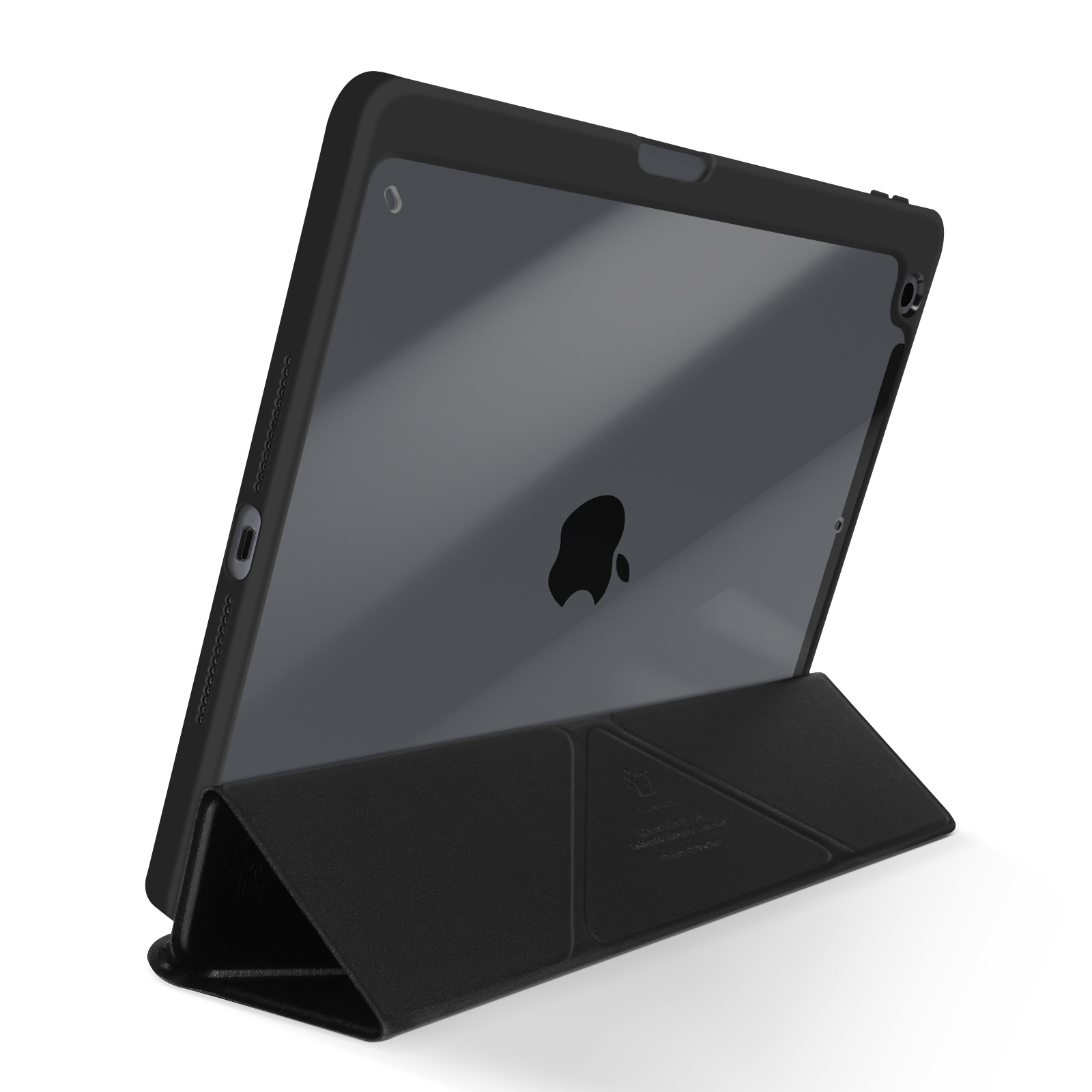 Un tablet nero in custodia, in piedi su sfondo bianco.