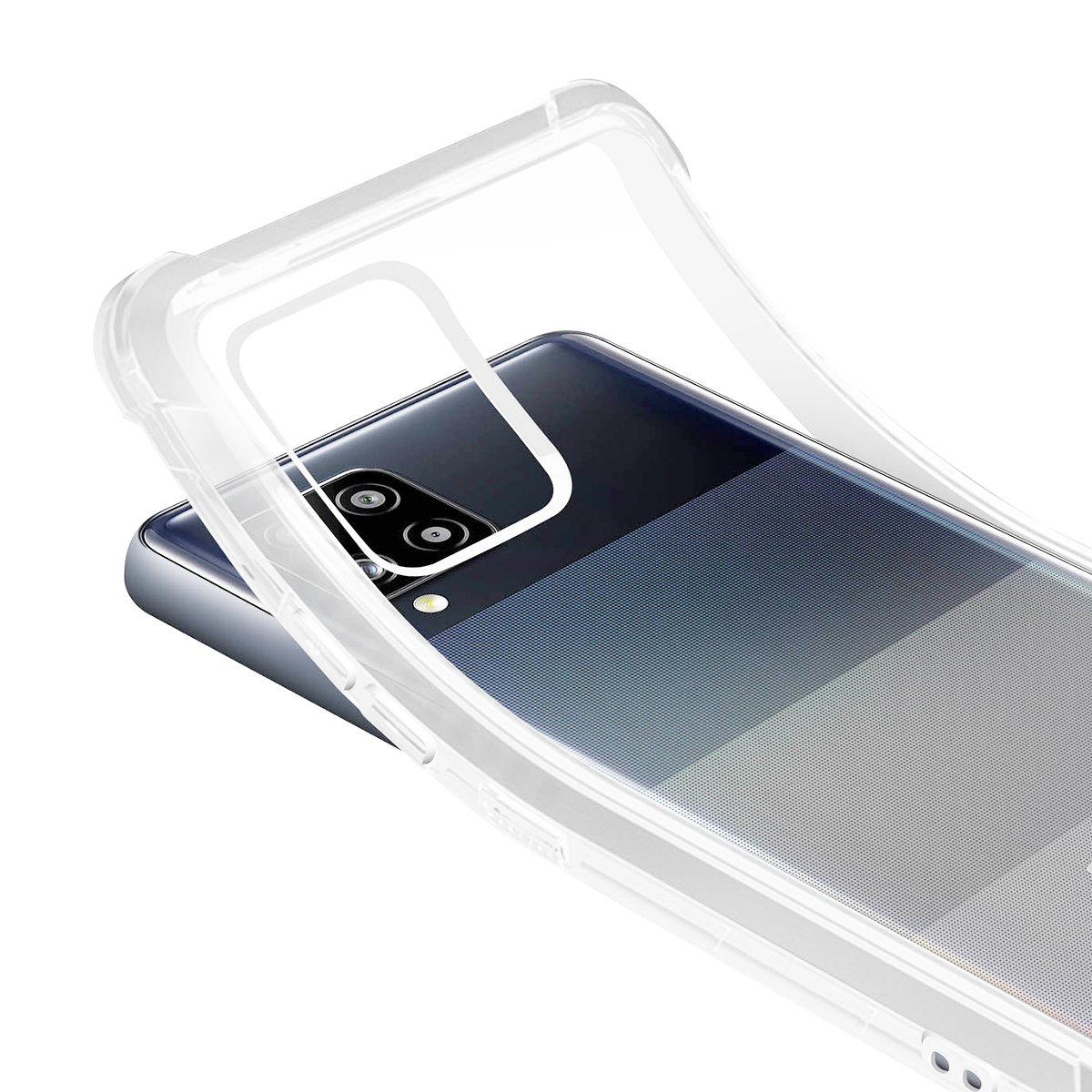 Una custodia trasparente per telefono che copre una fotocamera posteriore e un telefono scuro.